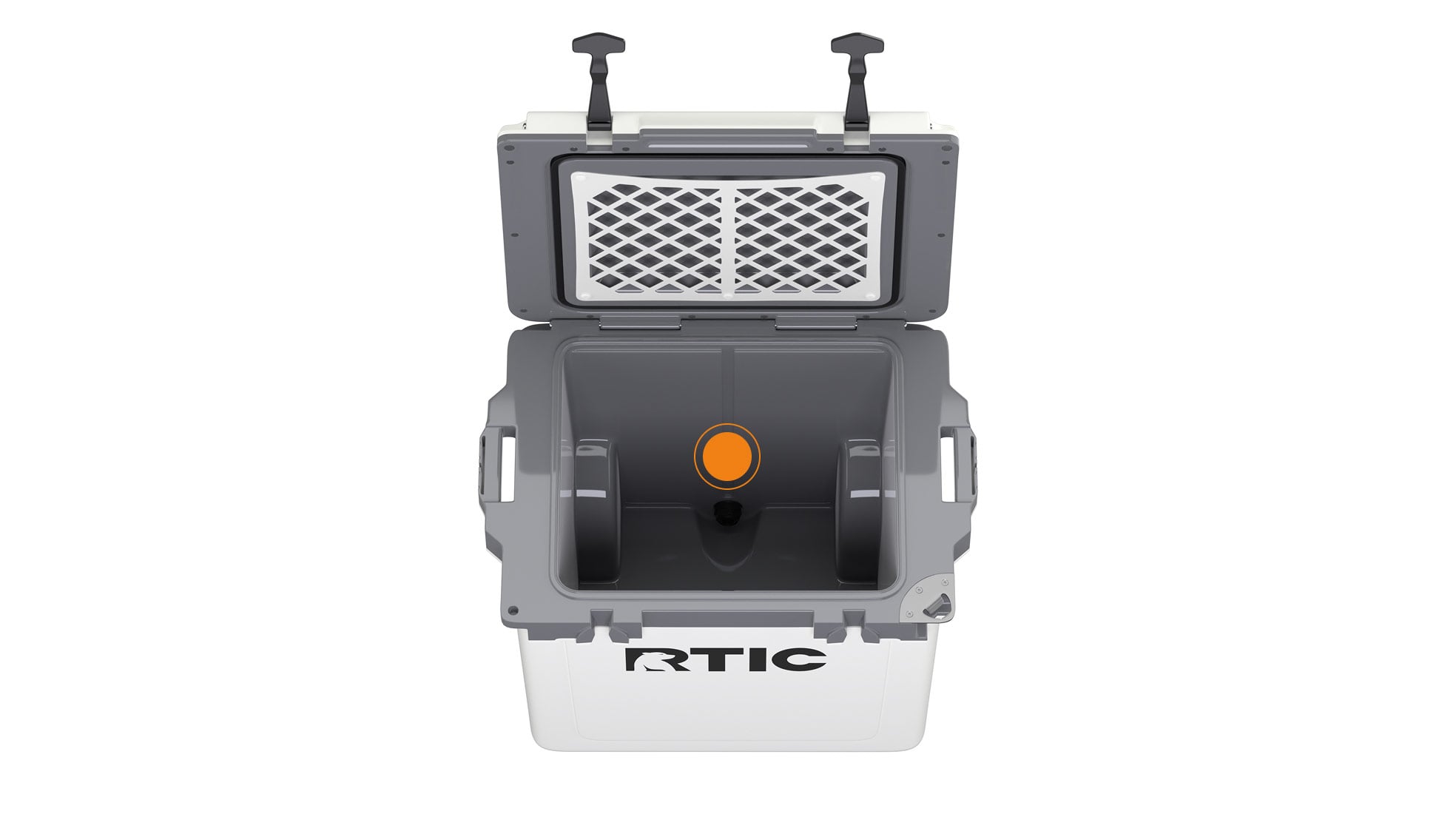 Close up of the Rapid V-Drain System on the RTIC 42QT Ultra-Light Wheeled Cooler