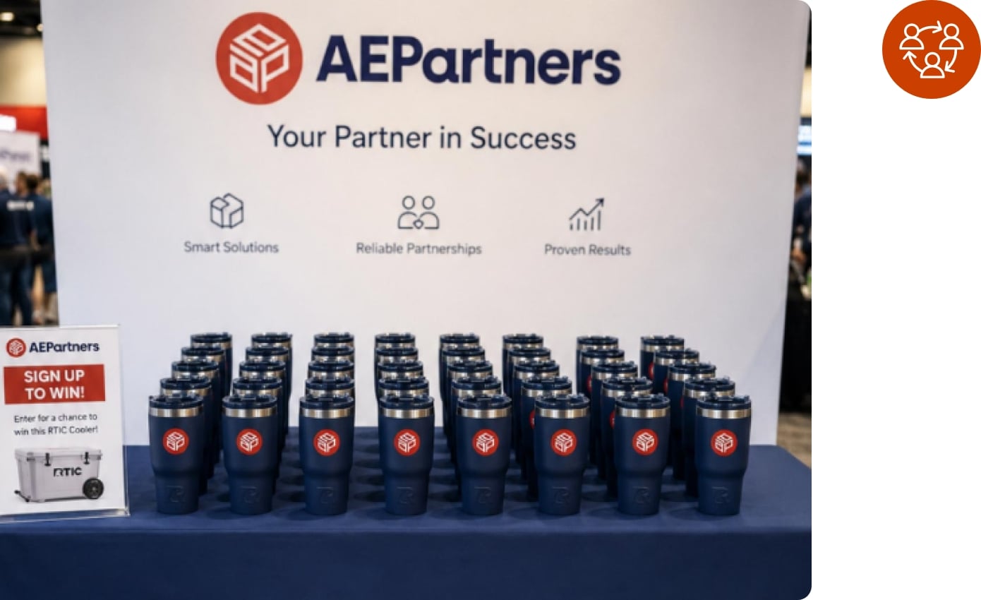 Neat rows of RTIC Drinkware customized with a corporate logo on a table at a tradeshow.